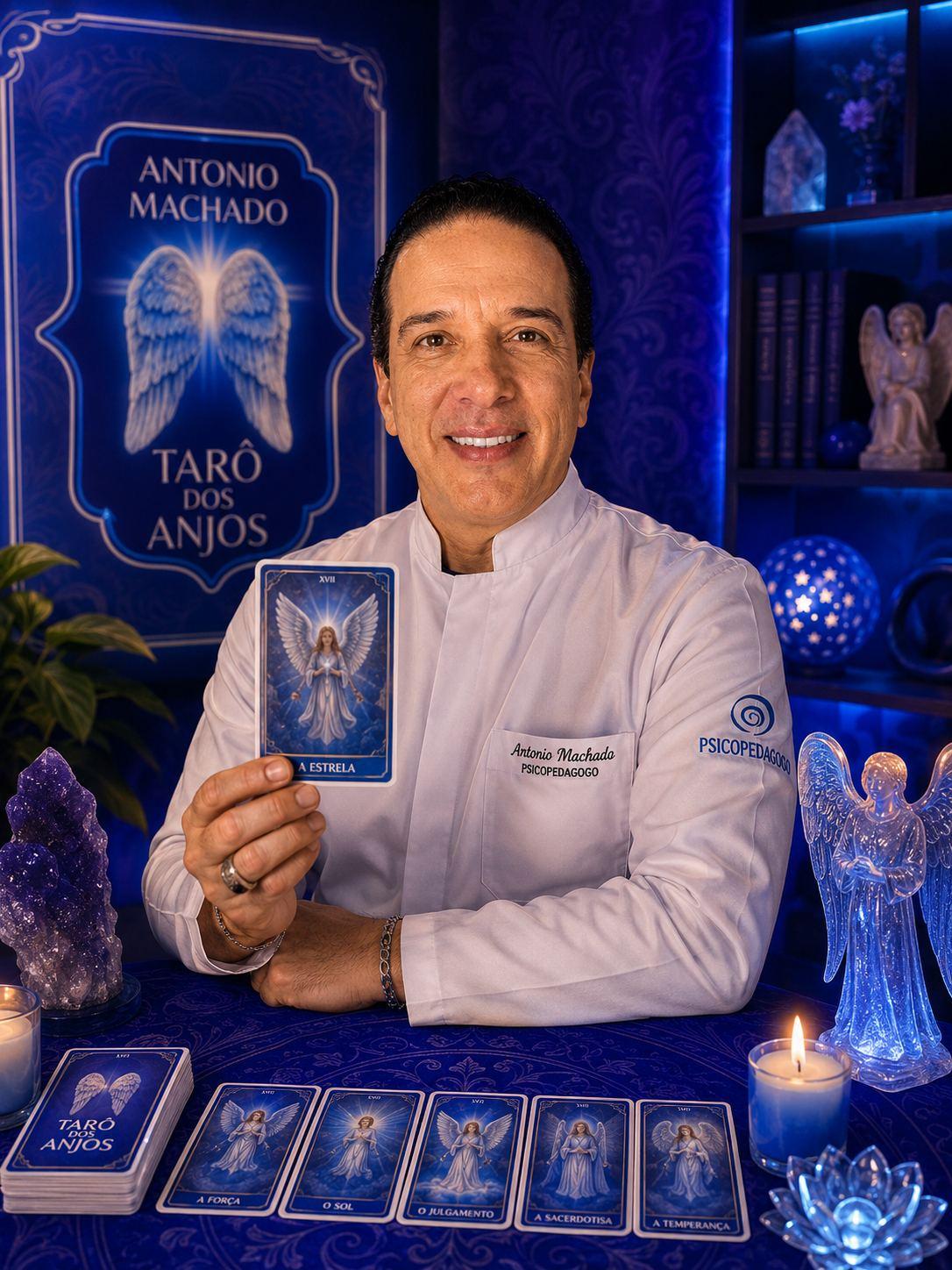 Antonio Machado segurando a carta A Estrela do baralho Tarot dos Anjos
