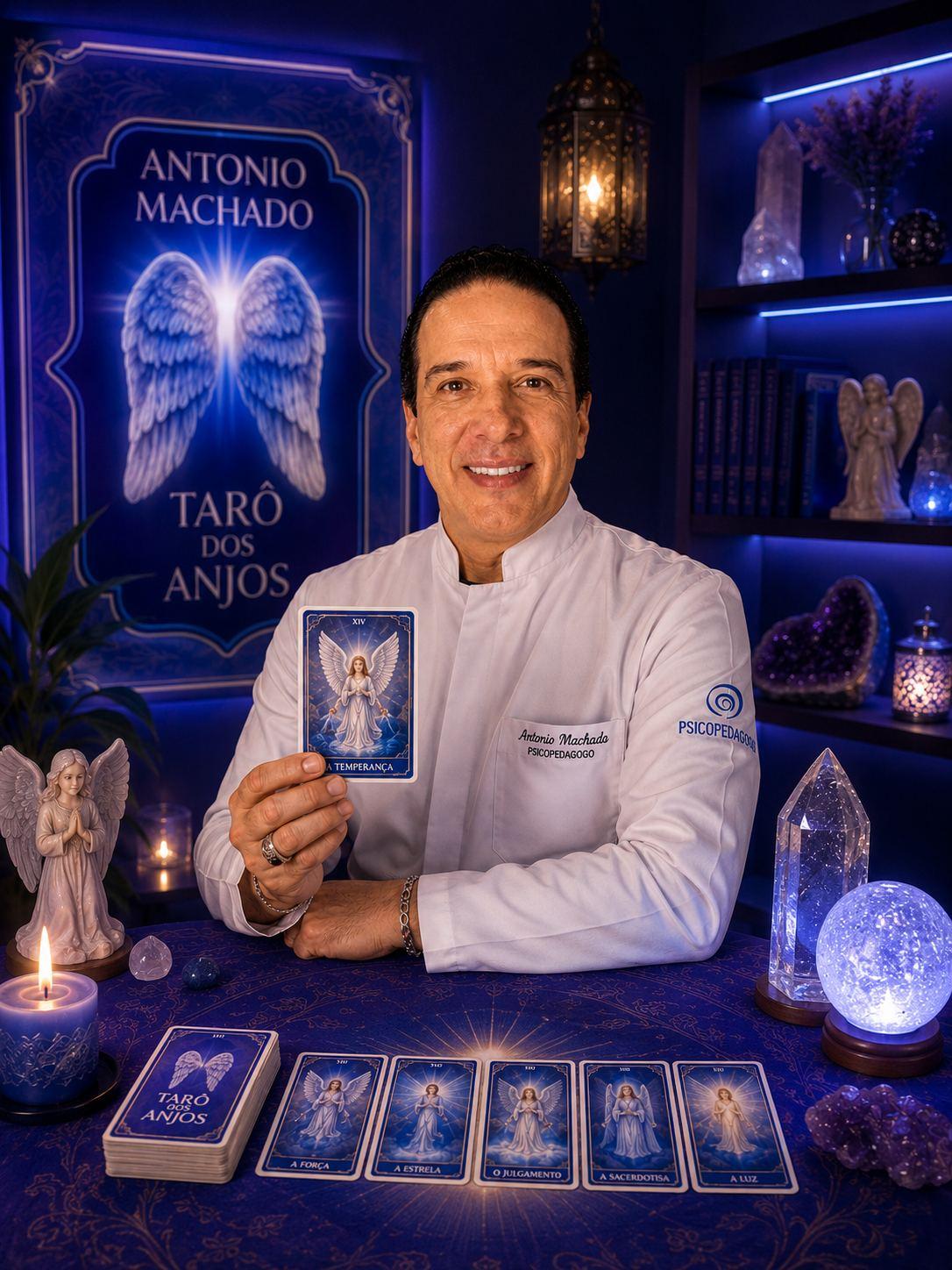 Antonio Machado apresentando a carta A Temperança do Tarô dos Anjos em seu estúdio