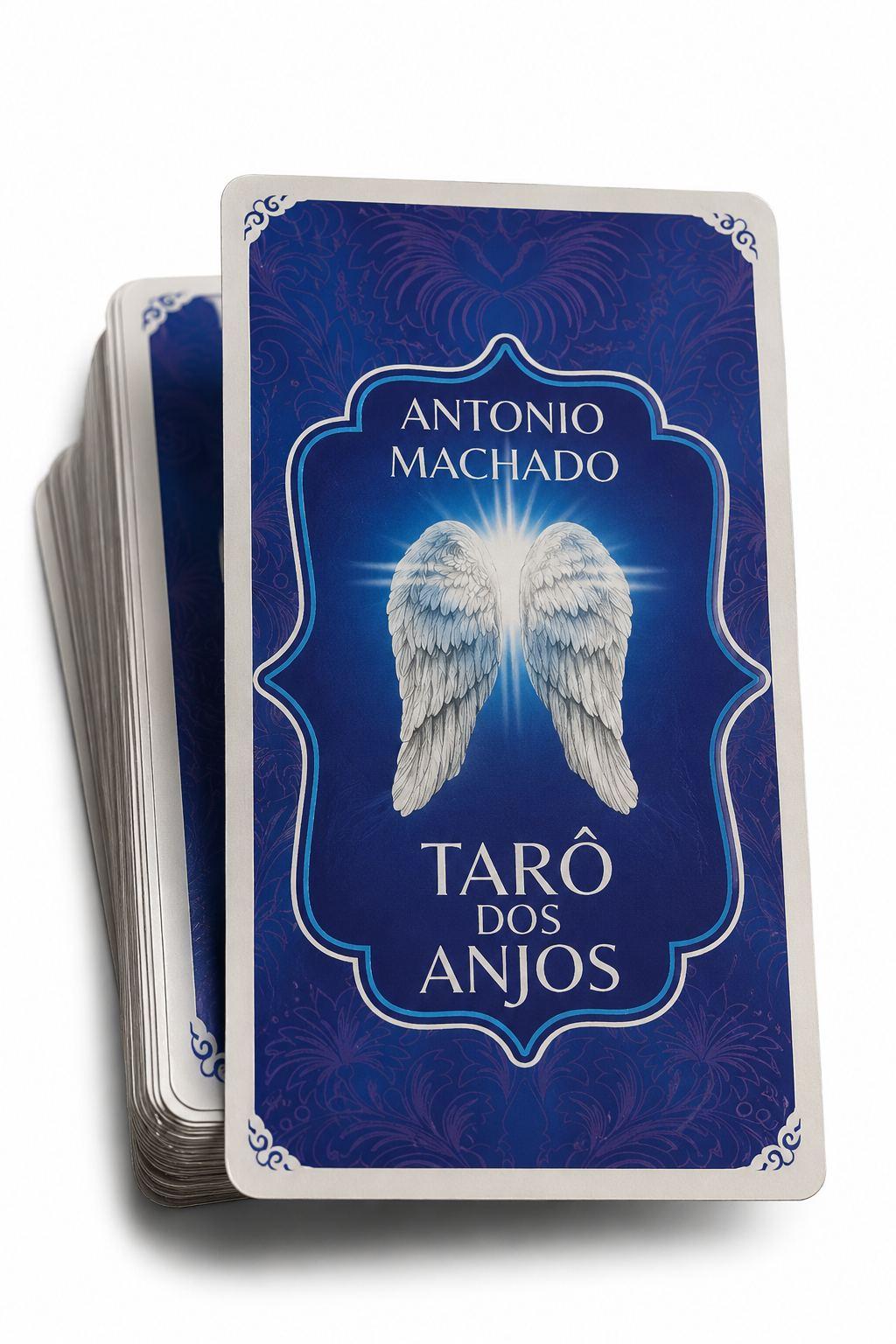 Baralho oficial Tarô dos Anjos de Antonio Machado, com asas angelicais na carta de verso